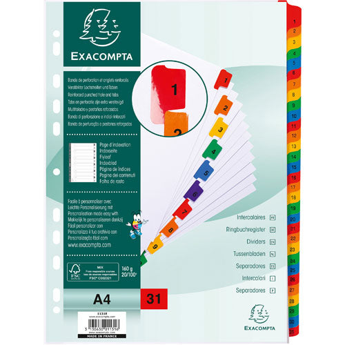 Exacompta Indices A4 White Card Card 1 to 31