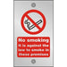 Prohibition Sign Against The Law to Smoke on These Premises Acrylic 20 x 12 cm