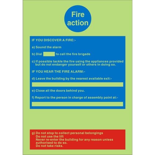 Fire Sign Fire Action Self Adhesive Plastic 20 x 15 cm