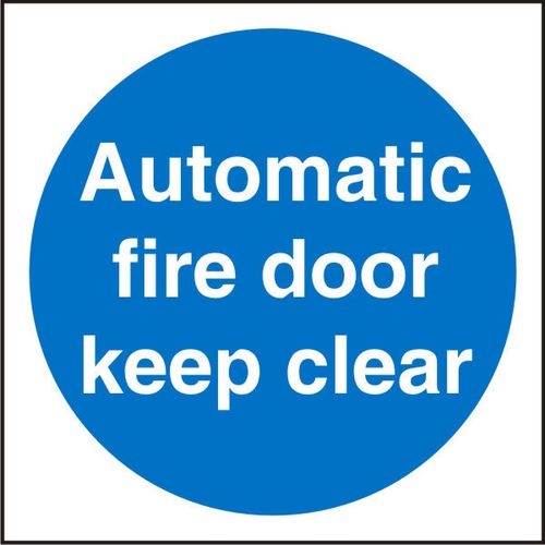 Mandatory Sign Automatic Fire Door Keep Clear Vinyl Blue, White 10 x 10 cm