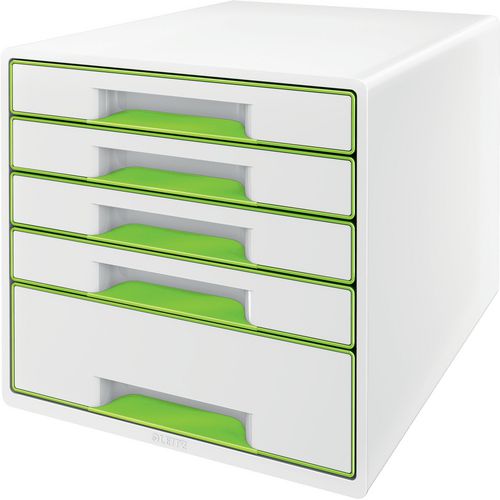 Leitz WOW Cube Desk Drawer Filing Unit Dual Colour 5 Drawers A4 White, Green 28.7 x 27 x 36.3 cm