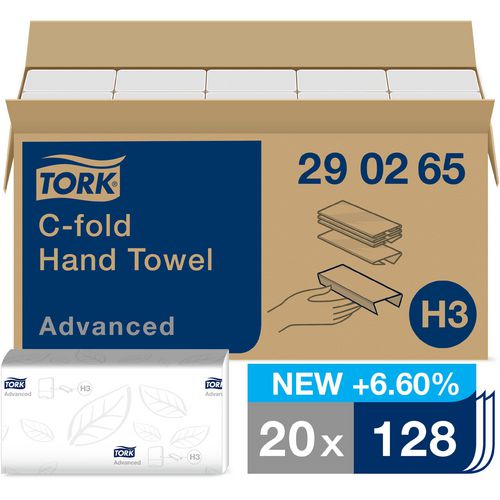 Tork Advanced Recycled 100% Hand Towels H3 C-Fold White 2 Ply 290265 20 Packs of 128 Sheets