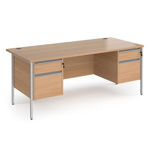 Straight Desk with Beech Coloured MFC Top and Silver H-Frame Legs and 2 x 2 Lockable Drawer Pedestals Contract 25 1800 x 800 x 725mm