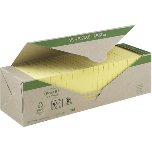 Post-it Recycled Notes 76 x 76 mm Canary Yellow 100 Sheets Value Pack 18 + 6 Free