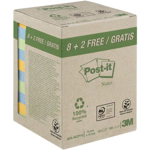 Post-it Recycled Notes 76 x 76 mm Pastel 100 Sheets Value Pack 8 + 2 Free