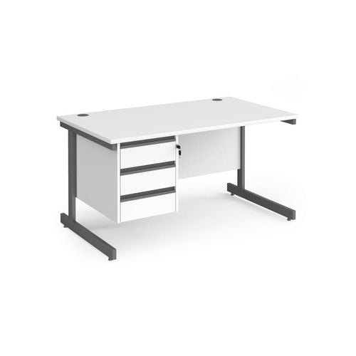 Straight Desk with White MFC Top and Graphite Frame Cantilever Legs and 3 Lockable Drawer Pedestal CC14S3-G-WH 1400 x 800 x 725mm