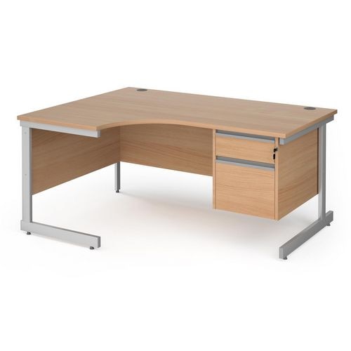 Left Hand Ergonomic Desk with 2 Lockable Drawers Pedestal and Beech Coloured MFC Top with Silver Frame Cantilever Legs Contract 25 1600 x 1200 x 725 mm