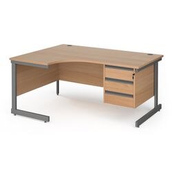 Left Hand Ergonomic Desk with 3 Lockable Drawers Pedestal and Beech Coloured MFC Top with Graphite Frame Cantilever Legs Contract 25 1600 x 1200 x 725 mm