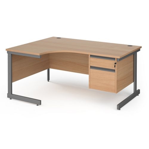 Left Hand Ergonomic Desk with 2 Lockable Drawers Pedestal and Beech Coloured MFC Top with Graphite Frame Cantilever Legs Contract 25 1600 x 1200 x 725 mm