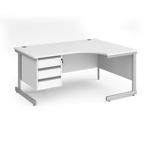 Dams International Right Hand Ergonomic Desk with 3 Lockable Drawers Pedestal and White MFC Top with Silver Frame Cantilever Legs Contract 25 1600 x 1200 x 725 mm