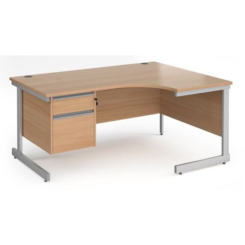 Right Hand Ergonomic Desk with 2 Lockable Drawers Pedestal and Beech Coloured MFC Top with Silver Frame Cantilever Legs Contract 25 1600 x 1200 x 725 mm