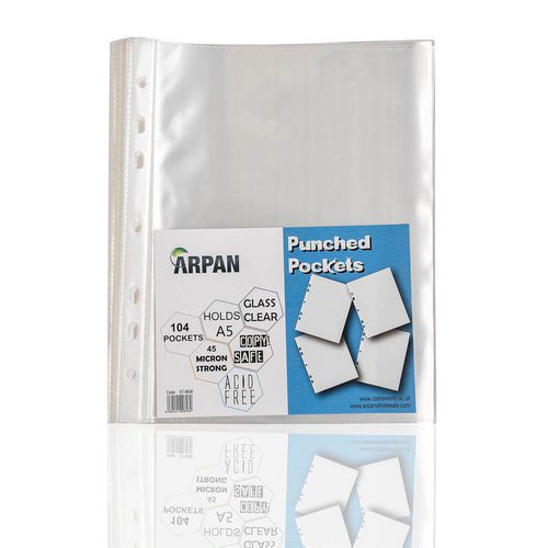 ARPAN Punched Pockets A5 Clear Transparent 45 Microns Polypropylene ST-9606 7 Holes Pack of 104