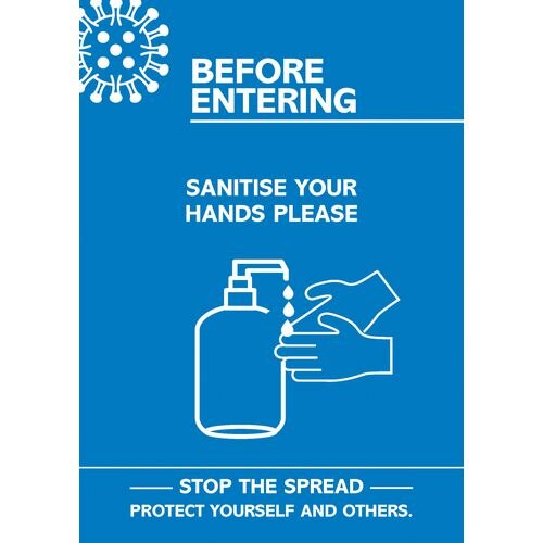 Seco Health & Safety Poster Before entering, sanitise your hands Semi-Rigid Plastic Blue, White 21 x 29.7 cm