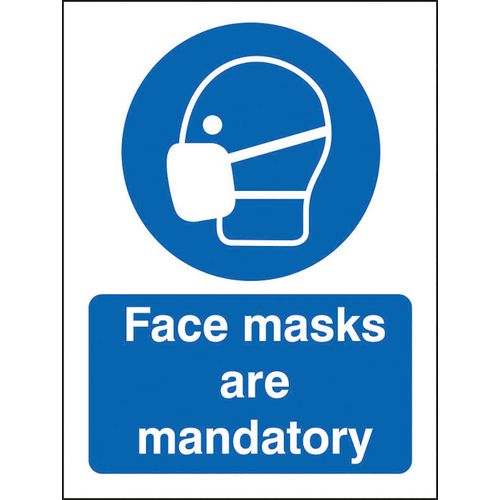 Seco Health and Safety Sign Face masks are mandatory Self-Adhesive Vinyl Blue, White 15 x 20 cm