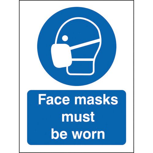 Seco Health and Safety Sign Face masks must be worn Semi-Rigid Plastic Blue, White 15 x 20 cm