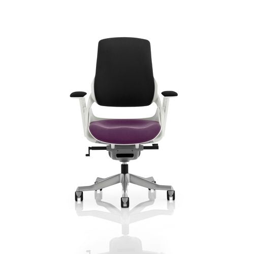 Dynamic Synchro Tilt Executive Chair Height Adjustable Arms Zure Black Back, Tansy Purple Seat, White Frame Without Headrest High Back