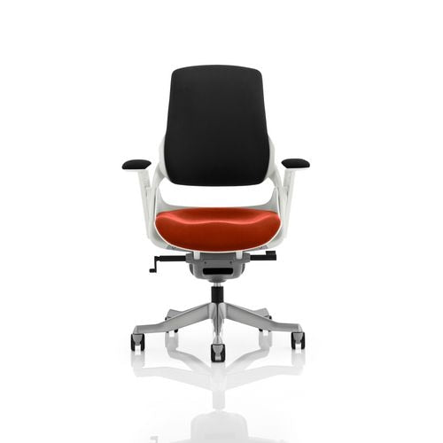 Dynamic Synchro Tilt Executive Chair Height Adjustable Arms Zure Black Back, Orange Seat, White Frame Without Headrest High Back