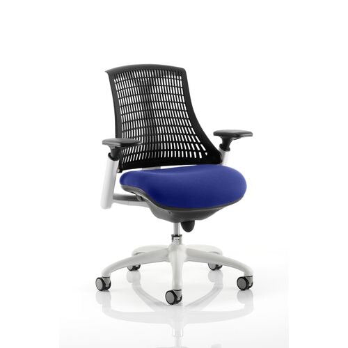 Dynamic Synchro Tilt Task Operator Chair Height Adjustable Arms Flex Black Back, Stevia Blue Seat, White Frame Without Headrest Medium Back