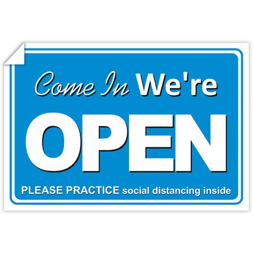 Trodat Window Sticker Come in we're open, please practice social distancing inside PVC 20 x 30 cm Pack of 3