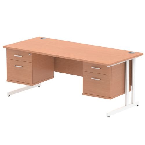 Dynamic Rectangular Office Desk Beech MFC Cantilever Leg White Frame Impulse 2 x 2 Drawer Fixed Ped 1800 x 800 x 730mm