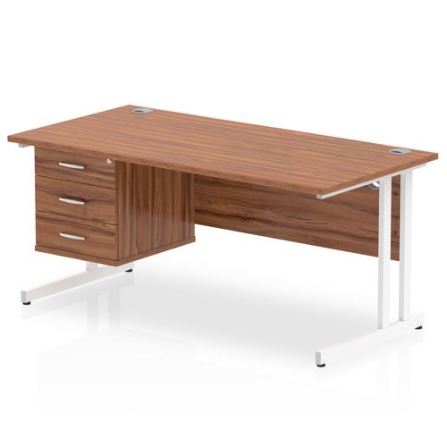 Dynamic Rectangular Office Desk Walnut MFC Cantilever Leg White Frame Impulse 1 x 3 Drawer Fixed Ped 1600 x 800 x 730mm