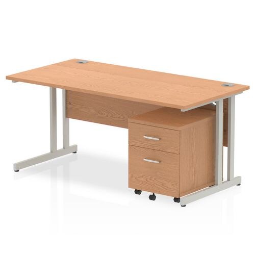 Dynamic Rectangular Straight Desk Oak MFC Cantilever Leg Silver Frame Impulse 1 x 2 Drawer Mobile Pedestal Bundle 1600 x 800 x 730mm