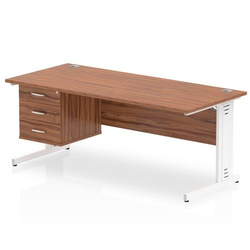 Dynamic Rectangular Office Desk Walnut MFC Cable Managed Cantilever Leg White Frame Impulse 1 x 3 Drawer Fixed Ped 1800 x 800 x 730mm