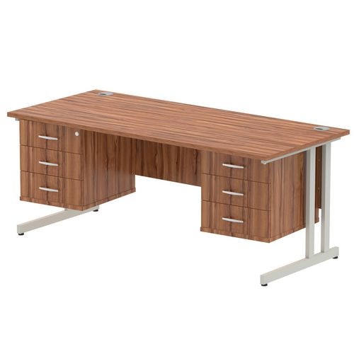 Dynamic Rectangular Office Desk Walnut MFC Cantilever Leg Silver Frame Impulse 2 x 3 Drawer Fixed Ped 1800 x 800 x 730mm