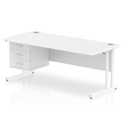 Dynamic Rectangular Office Desk White MFC Cantilever Leg White Frame Impulse 1 x 3 Drawer Fixed Ped 1800 x 800 x 730mm