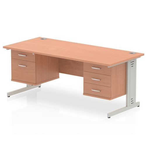 Dynamic Rectangular Office Desk Beech MFC Cable Managed Cantilever Leg Silver Frame 1 x 2 Drawer 1 x 3 Drawer Fixed Ped 1800 x 800 x 730mm