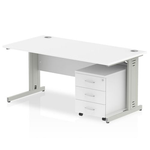 Dynamic Rectangular Straight Desk White MFC Cable Managed Cantilever Leg Silver Frame Impulse 1 x 3 Drawer Mobile Pedestal 1400 x 800 x 730mm