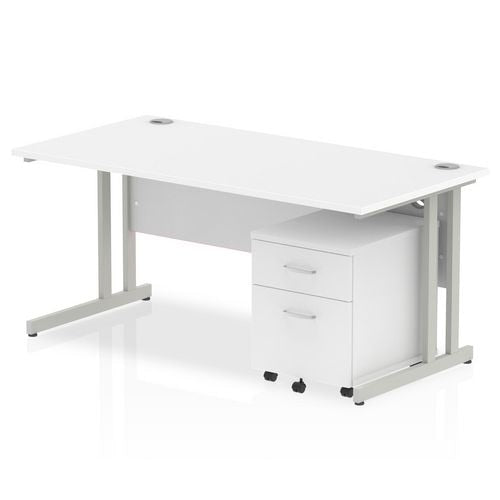 Dynamic Rectangular Straight Desk White MFC Cantilever Leg Silver Frame Impulse 1 x 2 Drawer Mobile Pedestal Bundle 1600 x 800 x 730mm