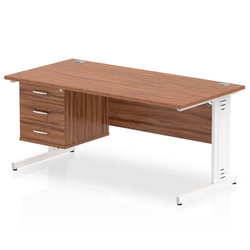 Dynamic Rectangular Office Desk Walnut MFC Cable Managed Cantilever Leg White Frame Impulse 1 x 3 Drawer Fixed Ped 1600 x 800 x 730mm