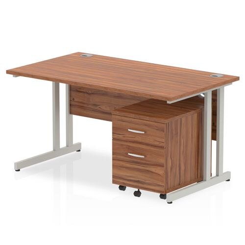 Dynamic Rectangular Straight Desk Walnut MFC Cantilever Leg Silver Frame Impulse 1 x 2 Drawer Mobile Pedestal Bundle 1400 x 800 x 730mm