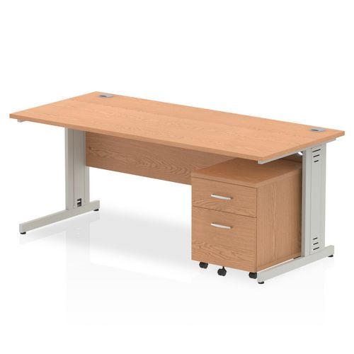 Dynamic Rectangular Straight Desk Oak MFC Cable Managed Cantilever Leg Silver Frame Impulse 1 x 2 Drawer Mobile Pedestal Bundle 1800 x 800 x 730mm