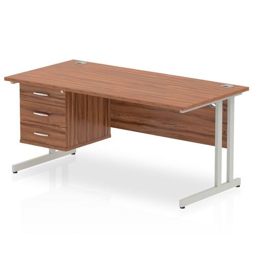 Dynamic Rectangular Office Desk Walnut MFC Cantilever Leg Silver Frame Impulse 1 x 3 Drawer Fixed Ped 1600 x 800 x 730mm