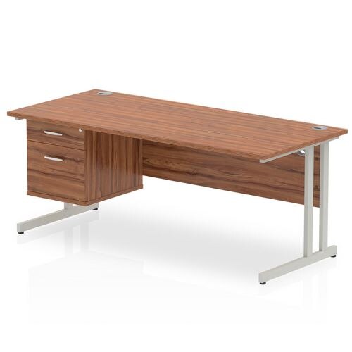 Dynamic Rectangular Office Desk Walnut MFC Cantilever Leg Silver Frame Impulse 1 x 2 Drawer Fixed Ped 1800 x 800 x 730mm