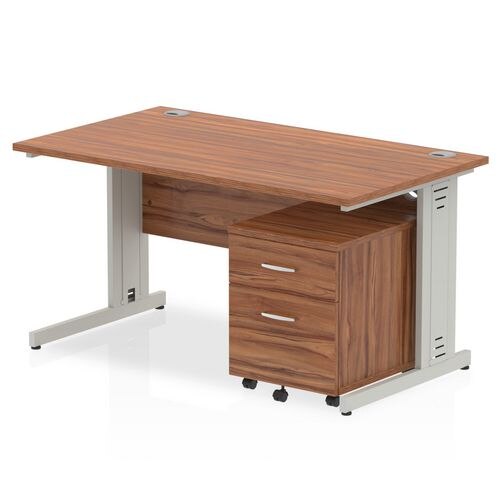 Dynamic Rectangular Straight Desk Walnut MFC Cable Managed Cantilever Leg Silver Frame Impulse 1 x 2 Drawer Mobile Pedestal Bundle 1400 x 800 x 730mm