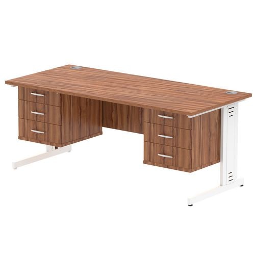 Dynamic Rectangular Office Desk Walnut MFC Cable Managed Cantilever Leg White Frame Impulse 2 x 3 Drawer Fixed Ped 1800 x 800 x 730mm