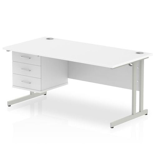 Dynamic Rectangular Office Desk Walnut MFC Cable Managed Cantilever Leg White Frame Impulse 1 x 2 Drawer Fixed Ped 1600 x 800 x 730mm