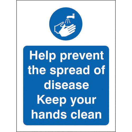 Stewart Superior Health and Safety Sign Help prevent the spread of disease, keep your hands clean Vinyl Blue, White 20 x 15 cm