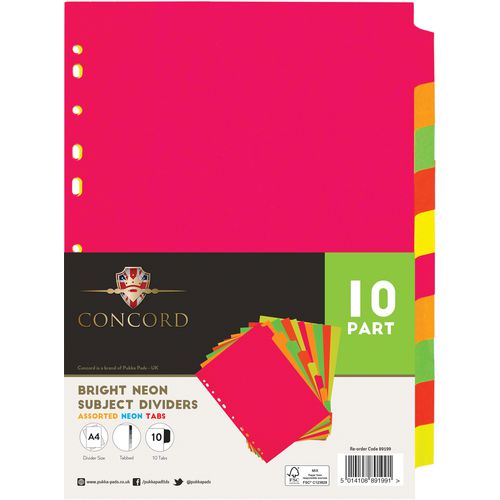 Concord Neon Blank Dividers A4 Assorted Multicolour 10 Part Manilla 11 Holes