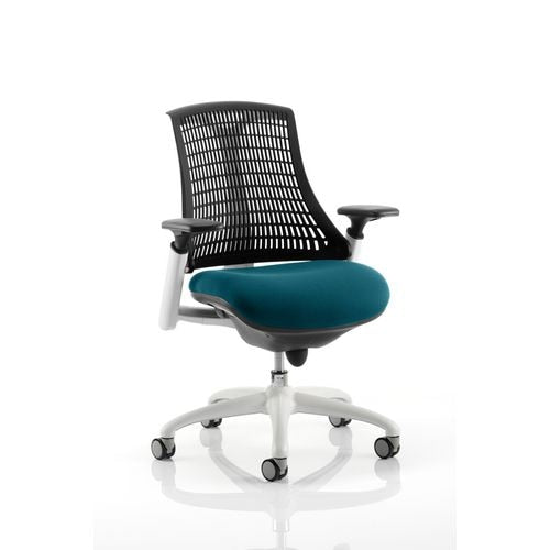 Dynamic Synchro Tilt Task Operator Chair Height Adjustable Arms Flex Black Back, Maringa Teal Seat, White Frame Without Headrest Medium Back