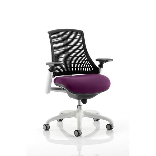 Dynamic Synchro Tilt Task Operator Chair Height Adjustable Arms Flex Black Back, Tansy Purple Seat, White Frame Without Headrest Medium Back