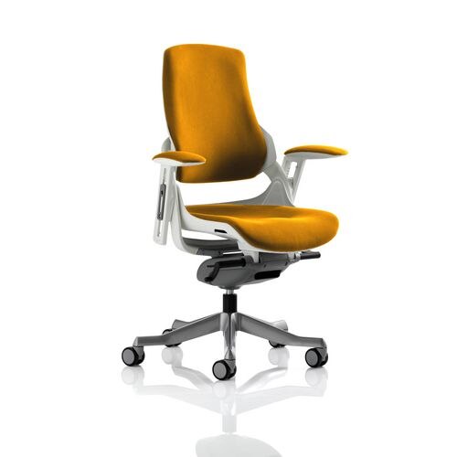 Dynamic Synchro Tilt Executive Chair Height Adjustable Arms Zure Senna Yellow Seat, White Frame Without Headrest High Back