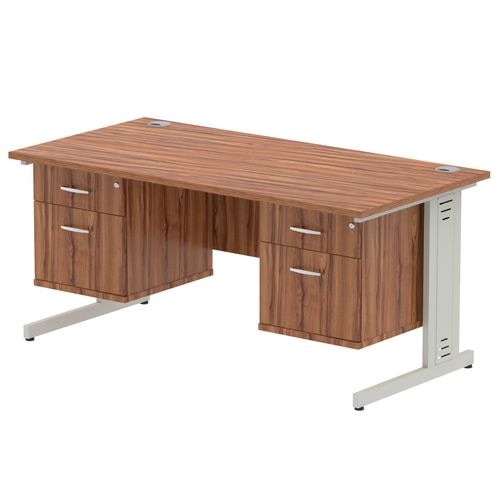 Dynamic Rectangular Office Desk Walnut MFC Cable Managed Cantilever Leg Silver Frame Impulse 2 x 2 Drawer Fixed Ped 1600 x 800 x 730mm