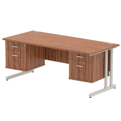 Dynamic Rectangular Office Desk Walnut MFC Cantilever Leg Silver Frame Impulse 2 x 2 Drawer Fixed Ped 1800 x 800 x 730mm