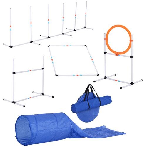 PawHut Pet Agility Set 2x Ground Stakes, 1x Carrying Bag White, Orange, Blue