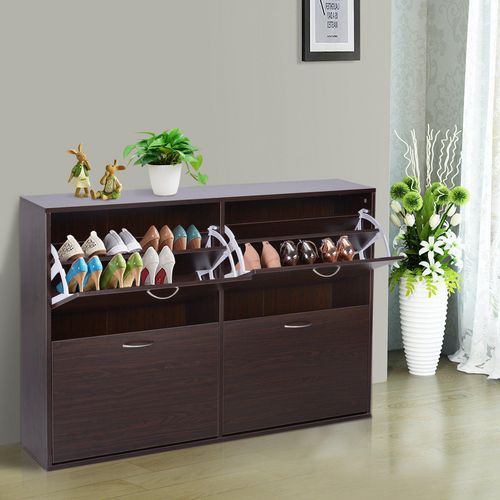 HOMCOM Wooden Shoes Cabinet Multi Flip Down Shelf Drawer Organizer Dark Brown