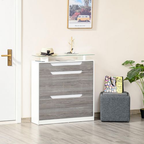 HOMCOM Shoe Cabinet with 3 Drawers Cupboard with Flip Door Glass Top, Grey